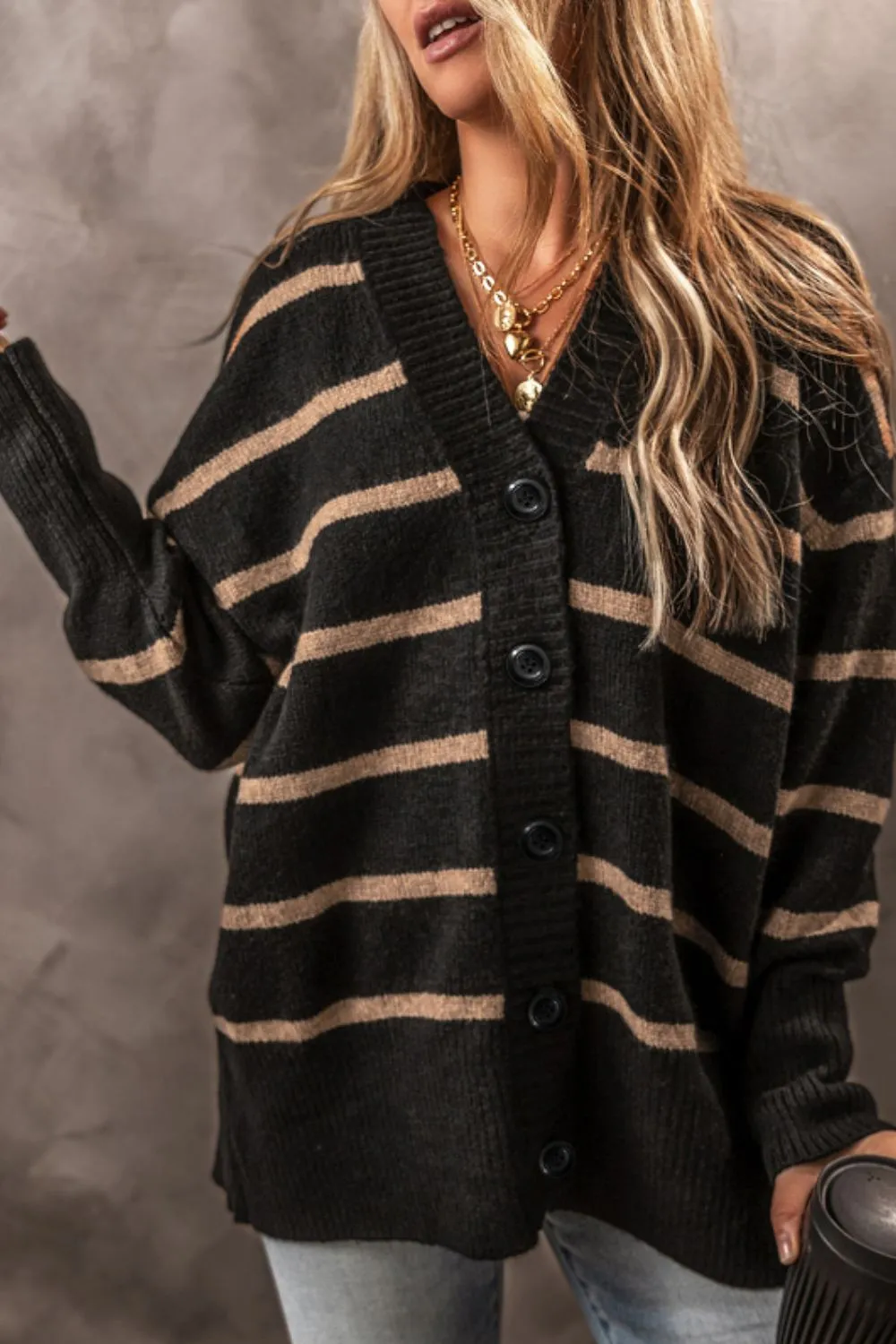 Striped Button Down Long Sleeve Cardigan