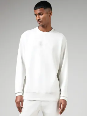 Studiofit White Embroidered Cotton Blend Relaxed-Fit Sweatshirt