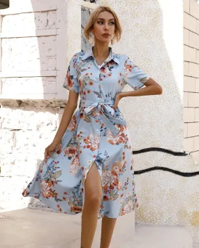 Summer Floral Loose Casual Short Sleeve Midi Dress with Turn Down Collar and Lace Up