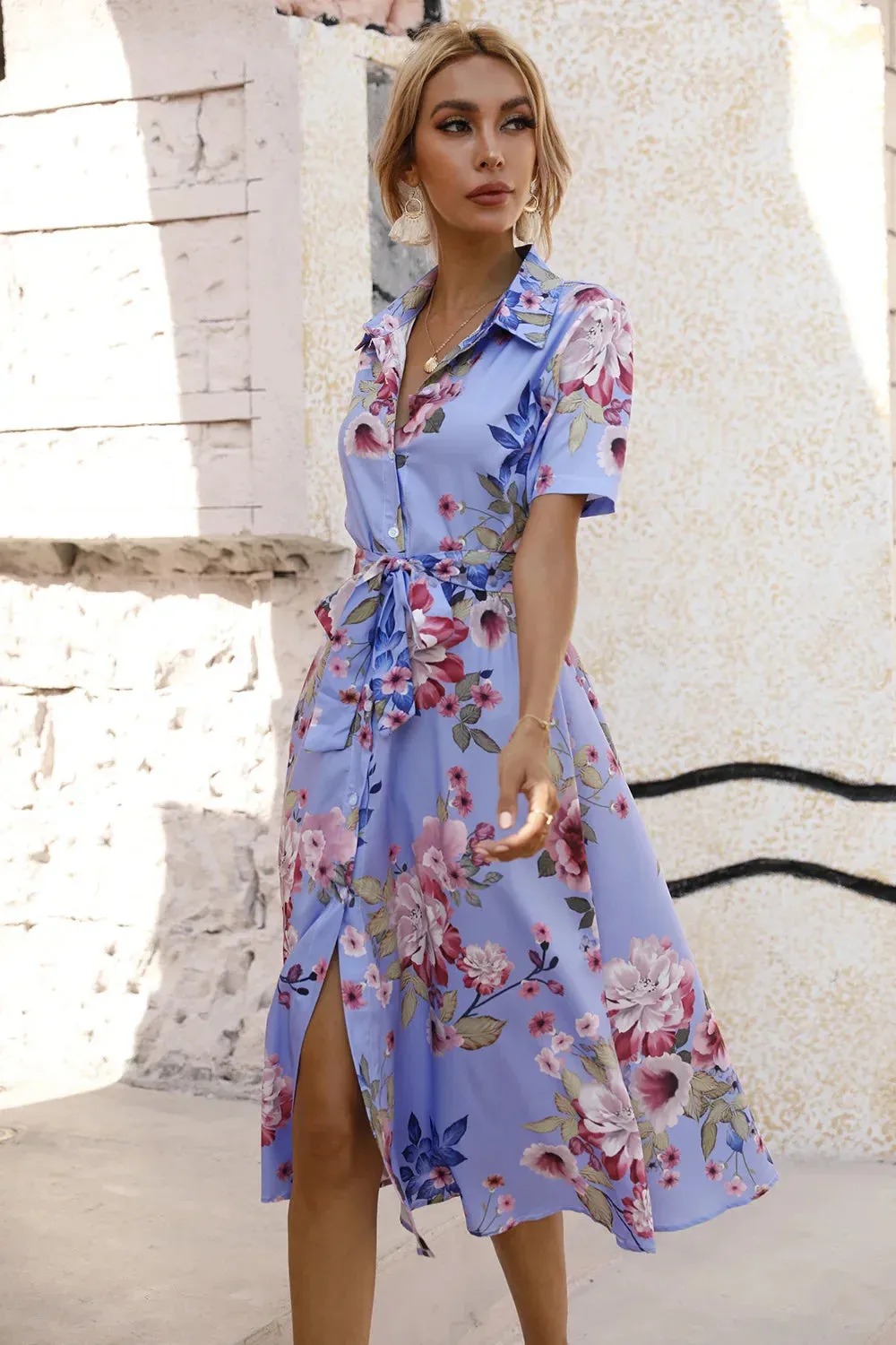 Summer Floral Loose Casual Short Sleeve Midi Dress with Turn Down Collar and Lace Up