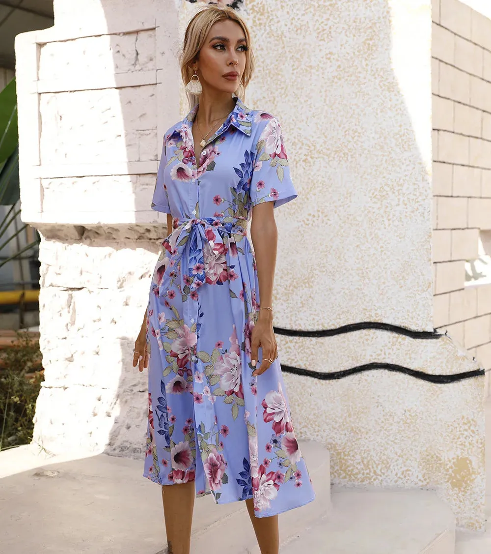 Summer Floral Loose Casual Short Sleeve Midi Dress with Turn Down Collar and Lace Up