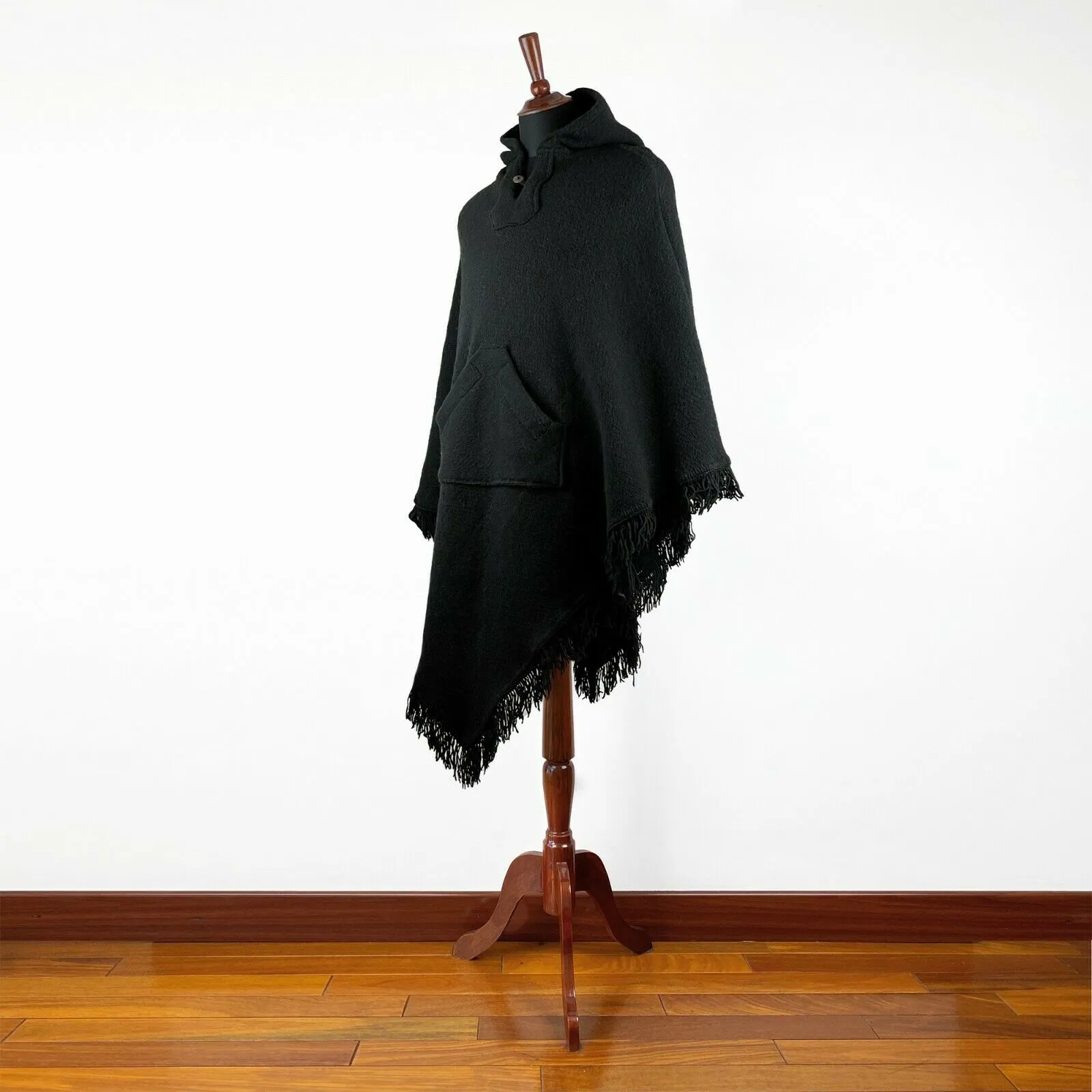 Surfers Poncho with hood and pocket llama wool - BLACK