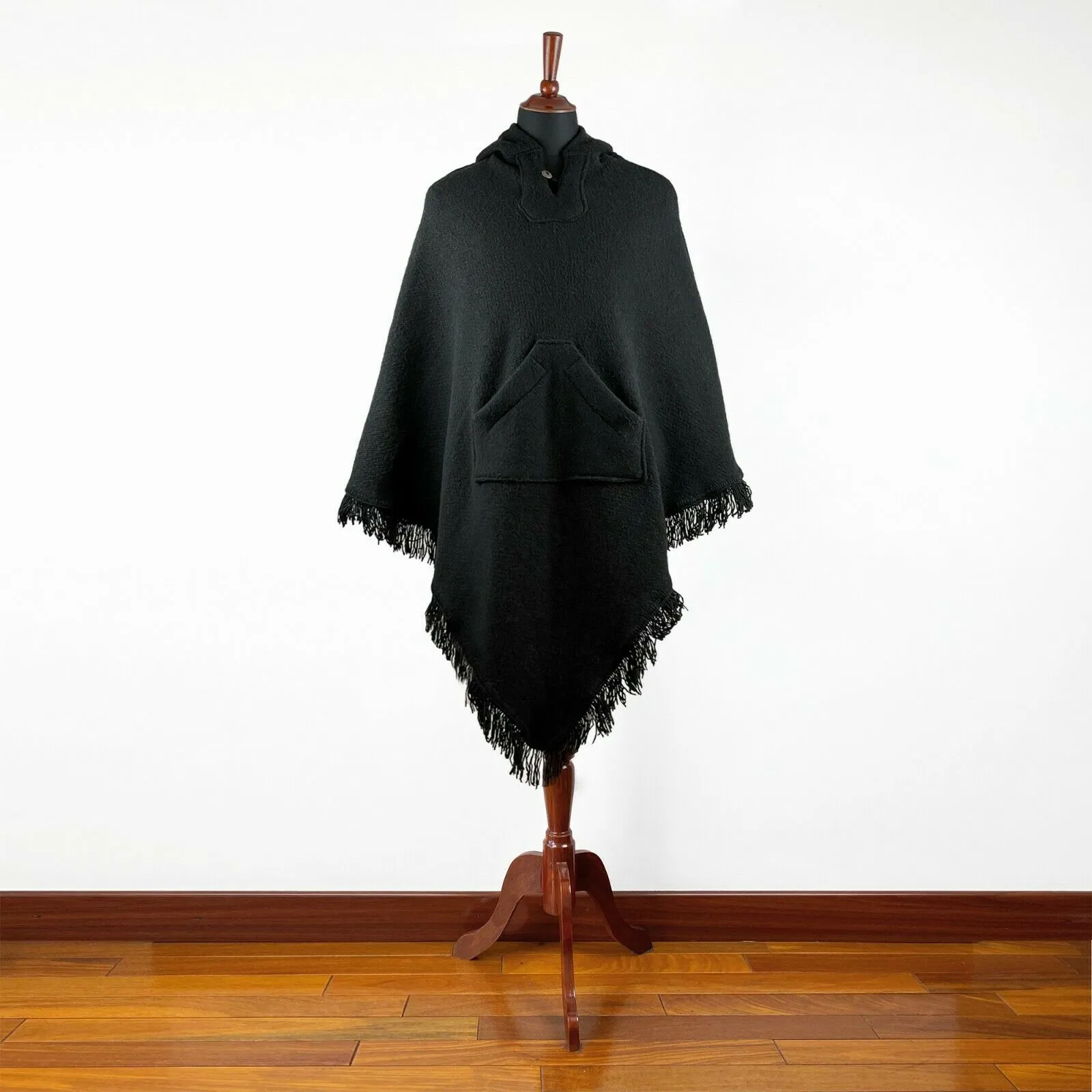 Surfers Poncho with hood and pocket llama wool - BLACK