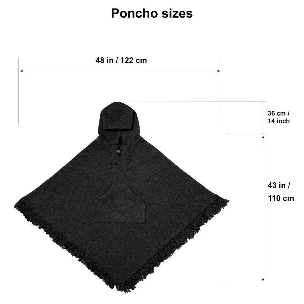 Surfers Poncho with hood and pocket llama wool - BLACK