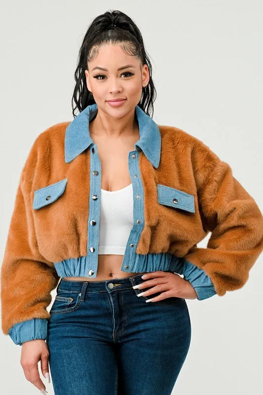 TEEK - CASUAL DENIM CONTRAST FUR CROP JACKET