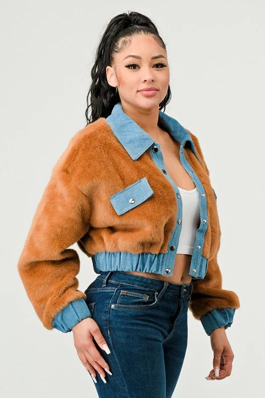 TEEK - CASUAL DENIM CONTRAST FUR CROP JACKET