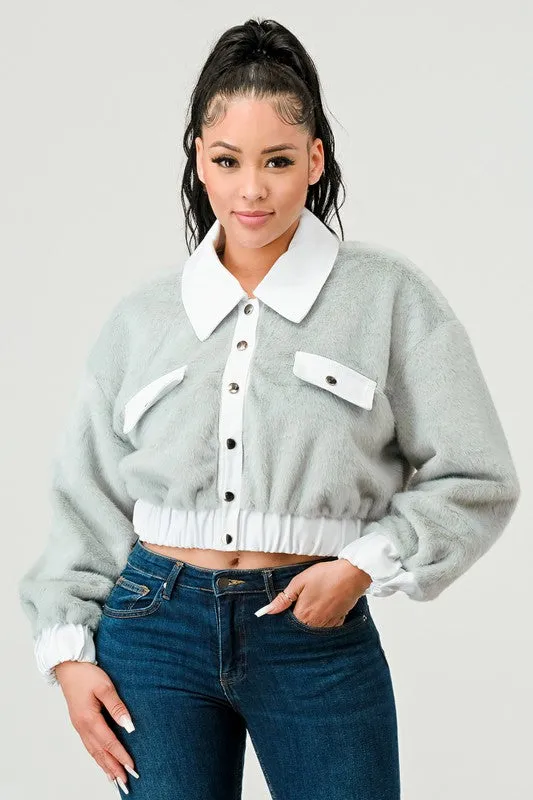 TEEK - CASUAL DENIM CONTRAST FUR CROP JACKET