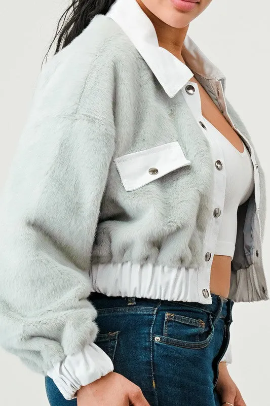 TEEK - CASUAL DENIM CONTRAST FUR CROP JACKET