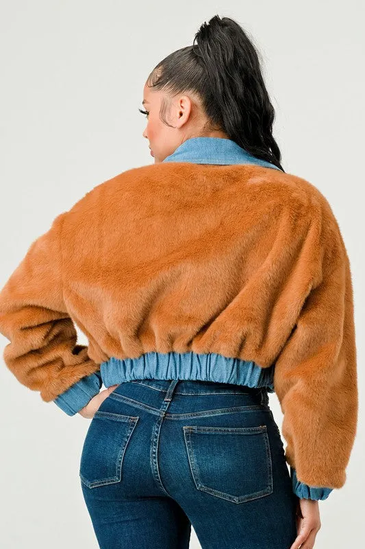 TEEK - CASUAL DENIM CONTRAST FUR CROP JACKET