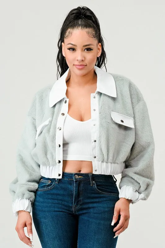 TEEK - CASUAL DENIM CONTRAST FUR CROP JACKET