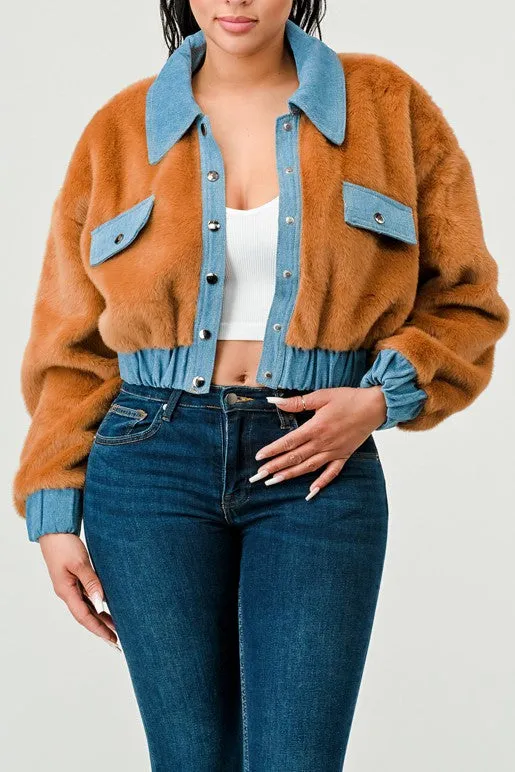 TEEK - CASUAL DENIM CONTRAST FUR CROP JACKET