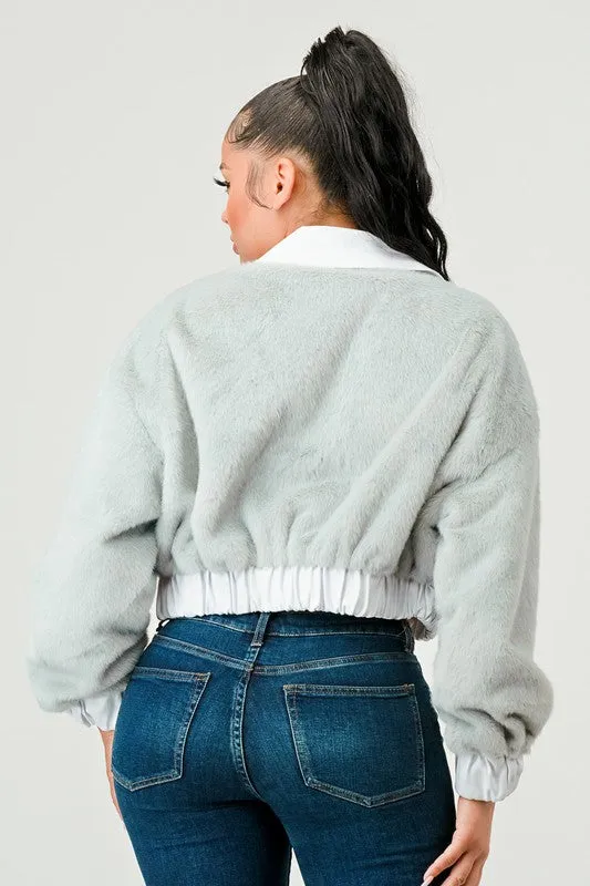 TEEK - CASUAL DENIM CONTRAST FUR CROP JACKET