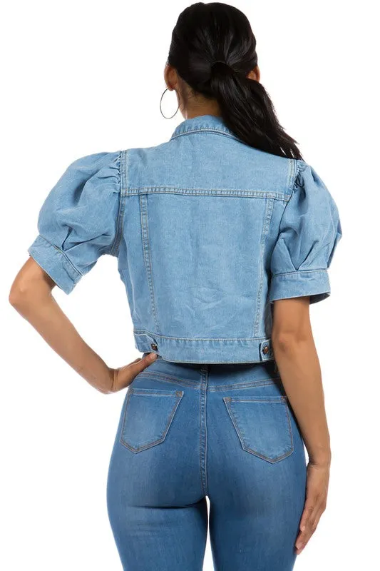 TEEK - LIGHT BLUE CROPPED DENIM PUFF SLEEVE JACKET