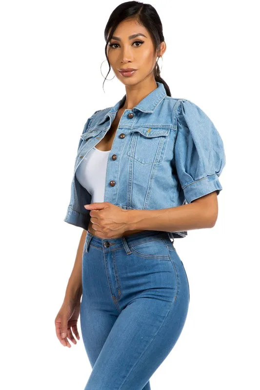 TEEK - LIGHT BLUE CROPPED DENIM PUFF SLEEVE JACKET