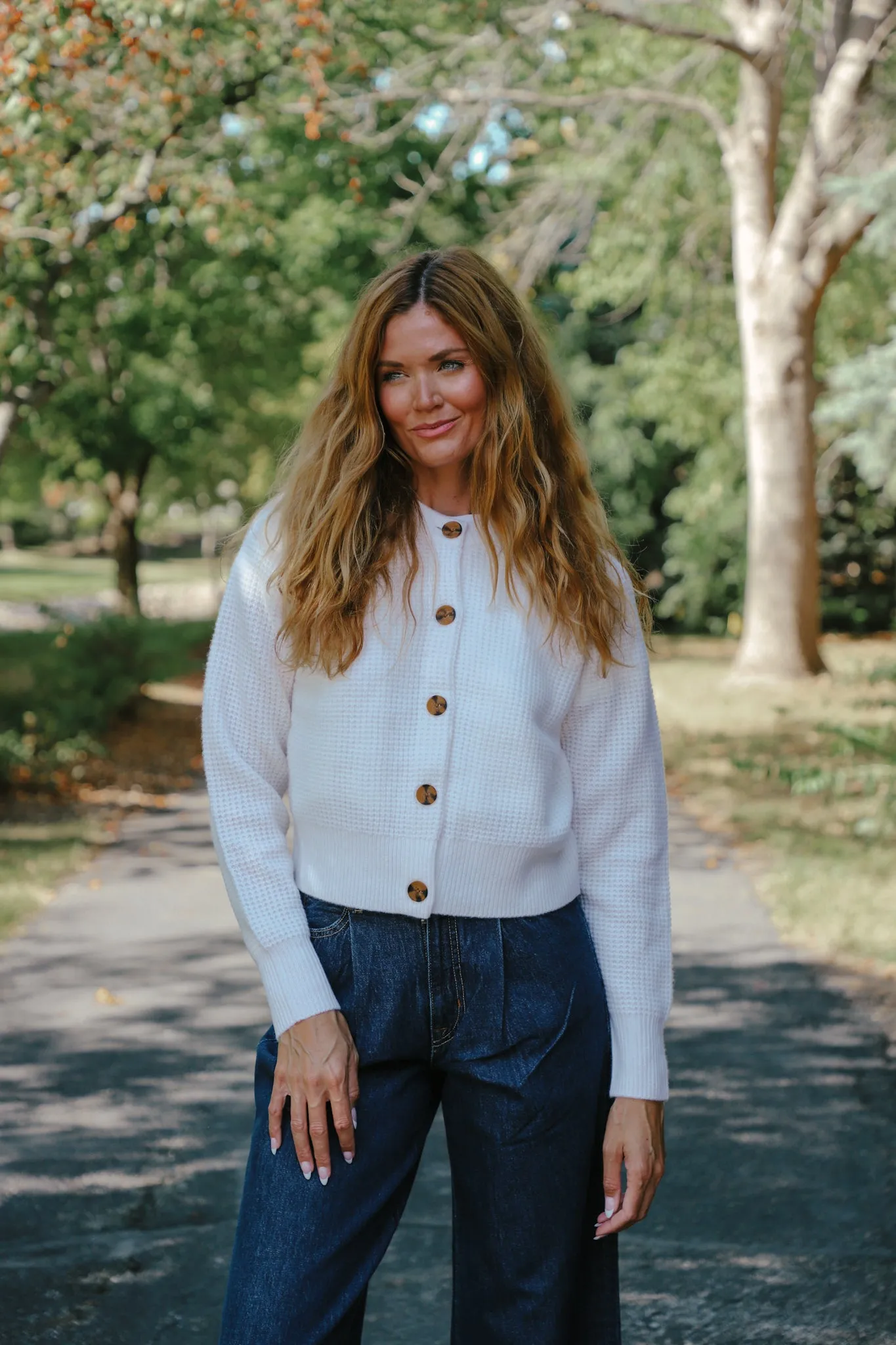 Tenlea Hunter - Cashmere Waffle Crewneck Cardigan in Soft White