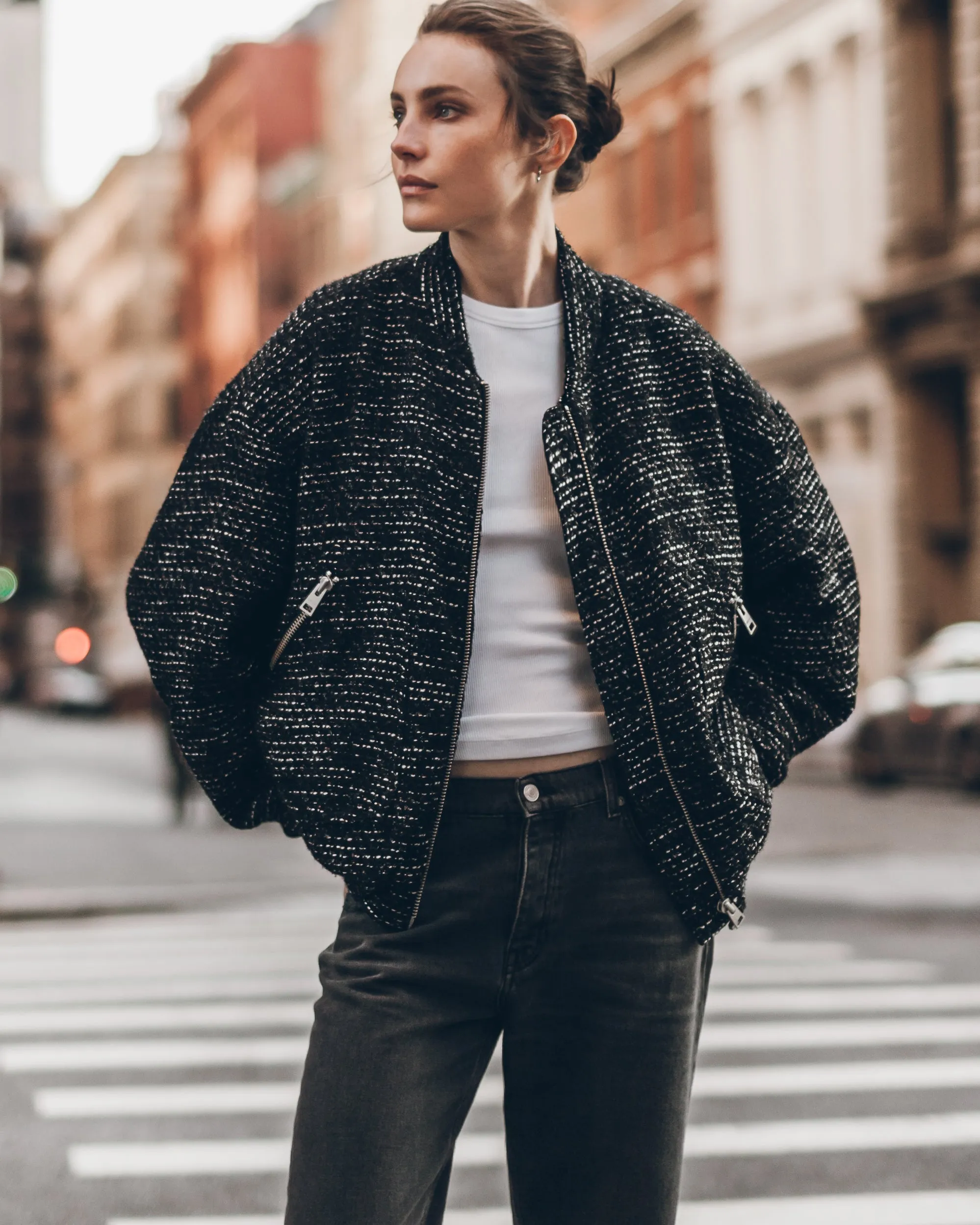 The Black Sparkly Tweed Bomber Jacket