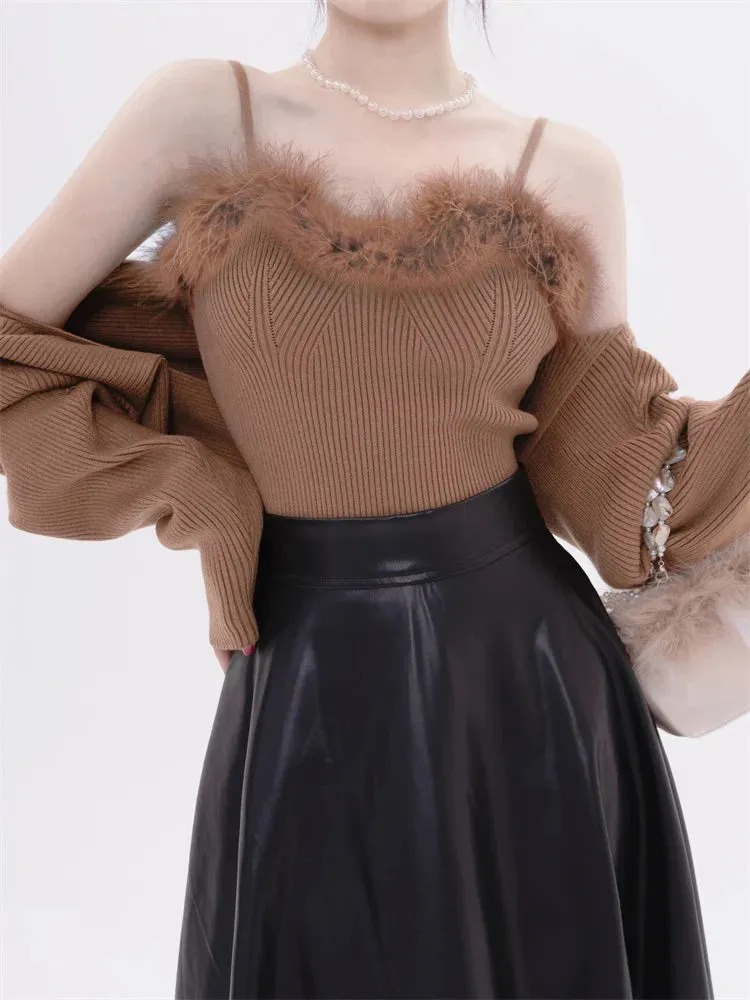 Two- piece Sweaters Women Korean Fashion Long Sleeve Knitted Cardigan Woman   Fluff Camisole Sweet Camisole Female  C-036