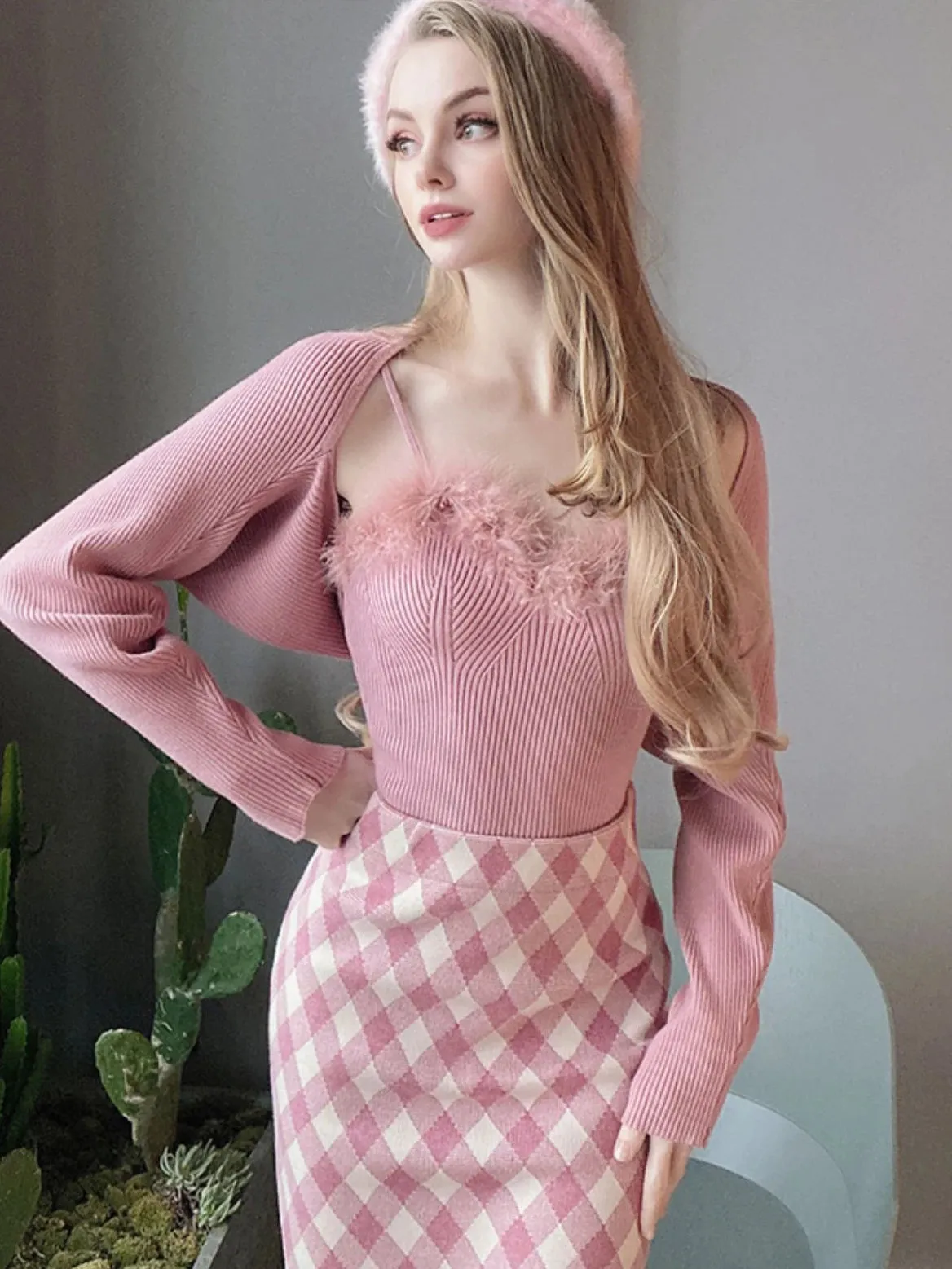 Two- piece Sweaters Women Korean Fashion Long Sleeve Knitted Cardigan Woman   Fluff Camisole Sweet Camisole Female  C-036