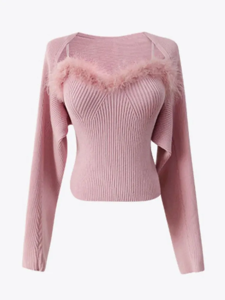 Two- piece Sweaters Women Korean Fashion Long Sleeve Knitted Cardigan Woman   Fluff Camisole Sweet Camisole Female  C-036