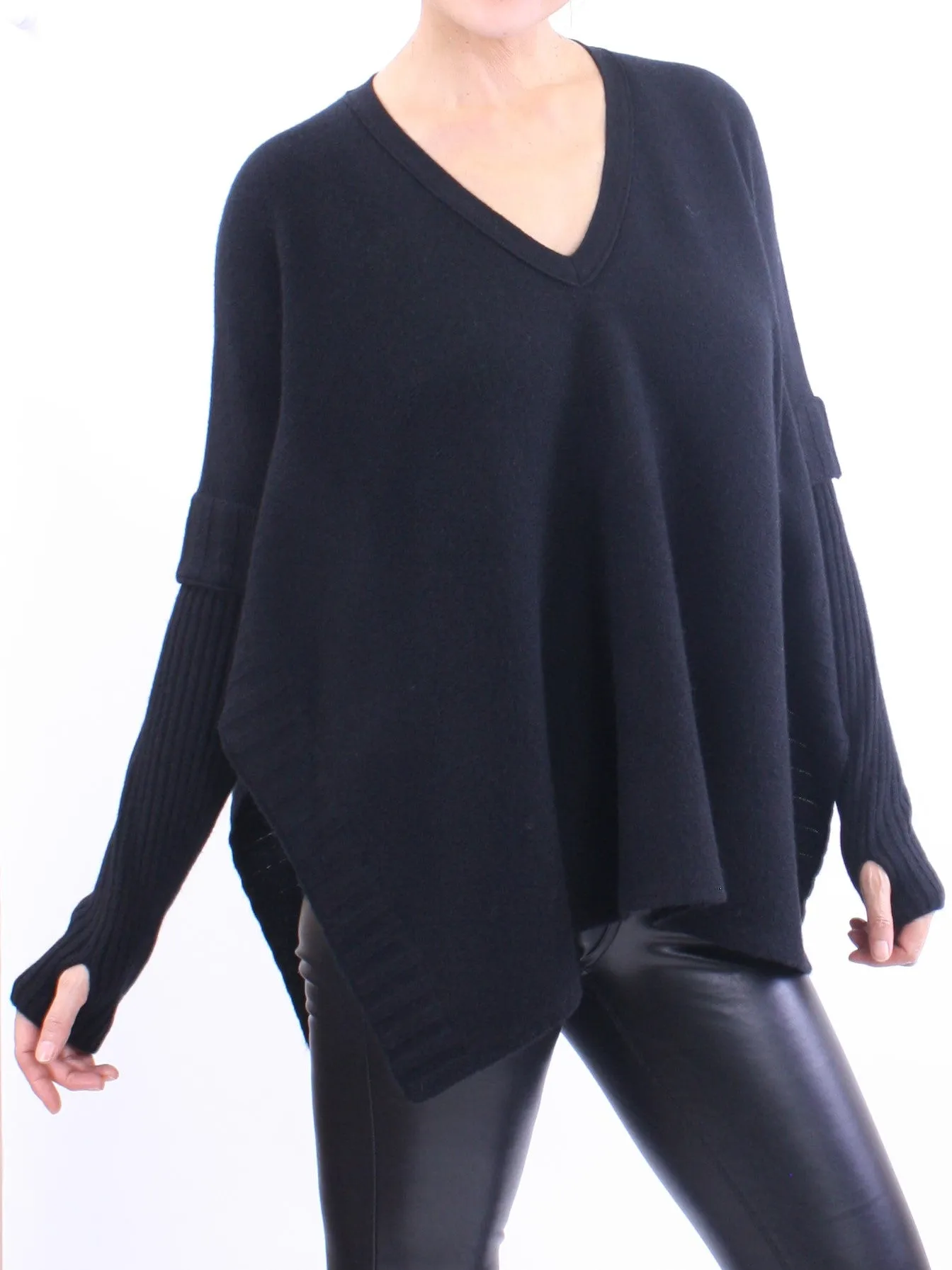 V Neck Sleeved Poncho Sweater