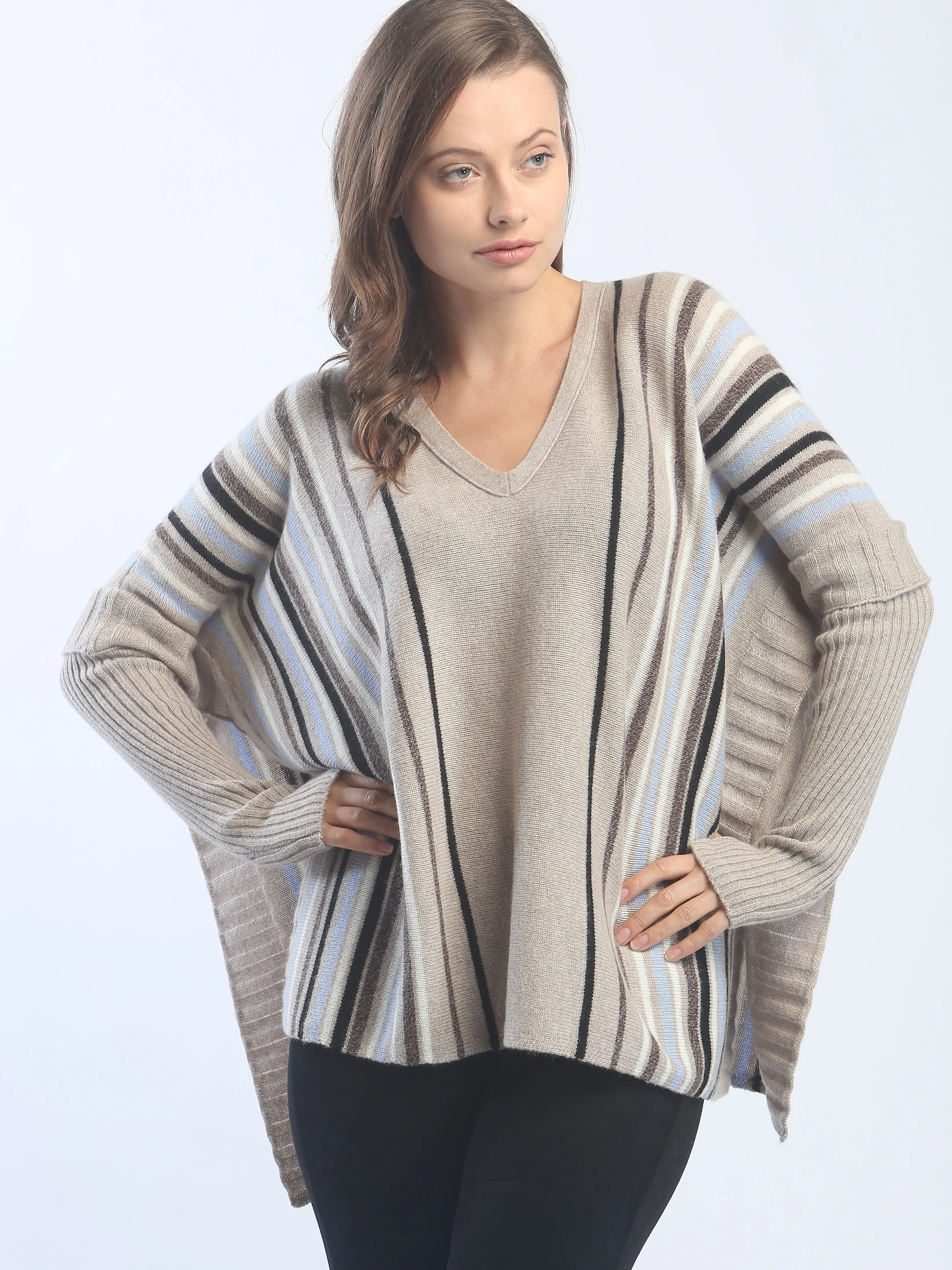 V Neck Sleeved Poncho Sweater