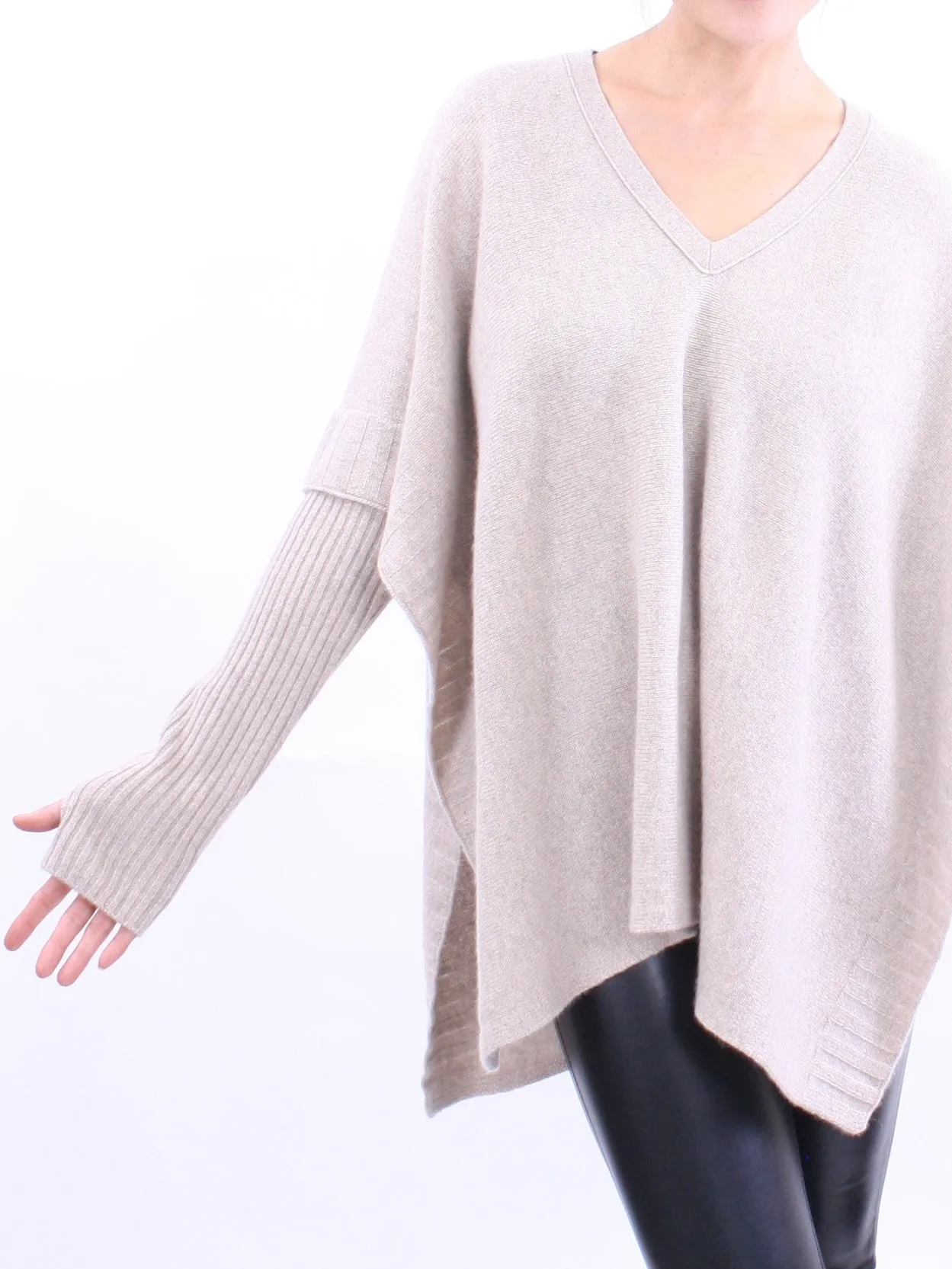 V Neck Sleeved Poncho Sweater