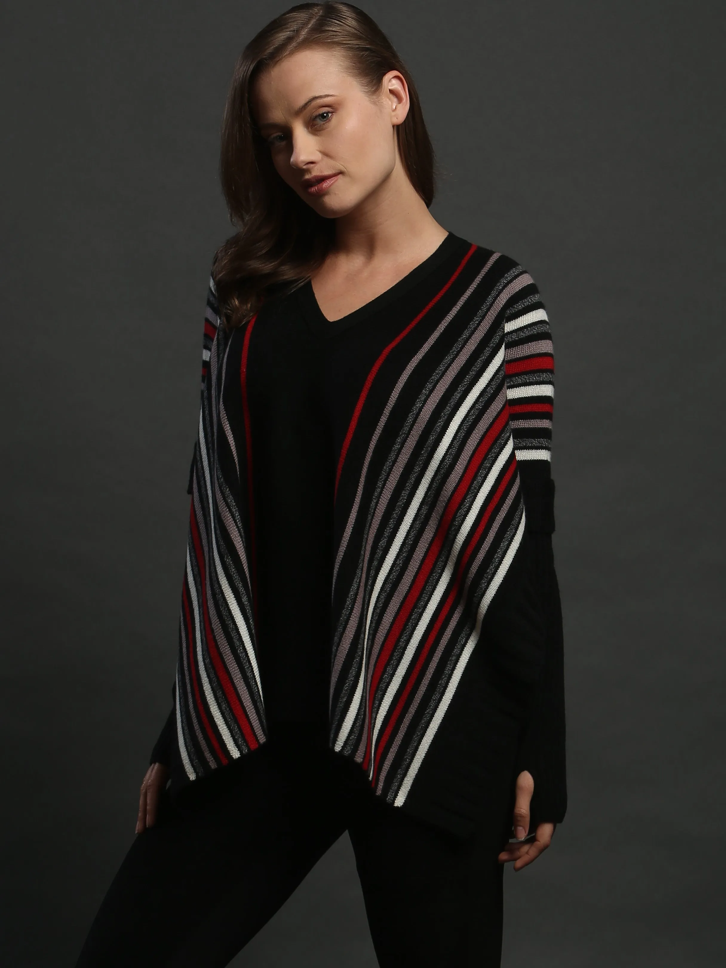 V Neck Sleeved Poncho Sweater