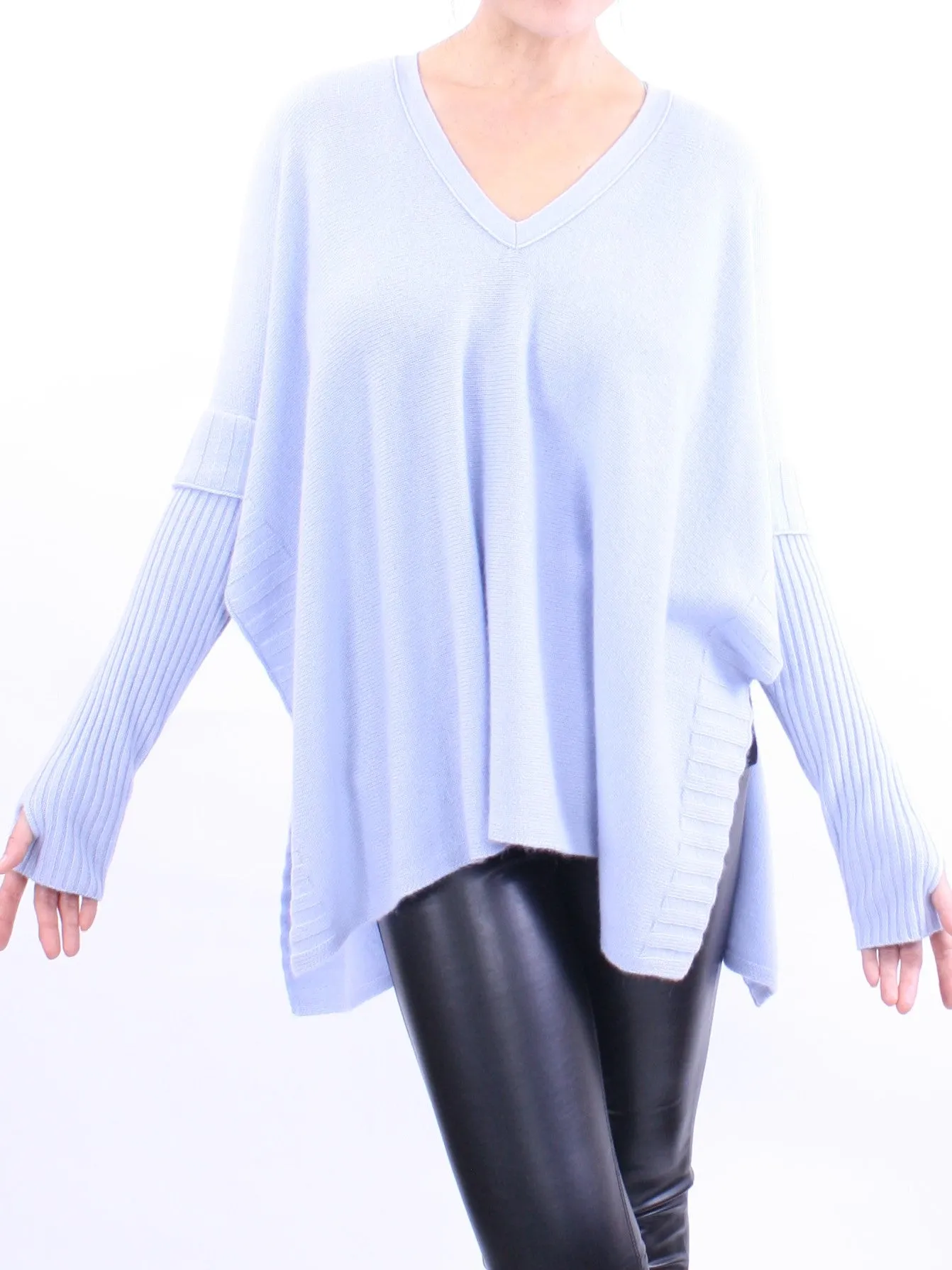 V Neck Sleeved Poncho Sweater