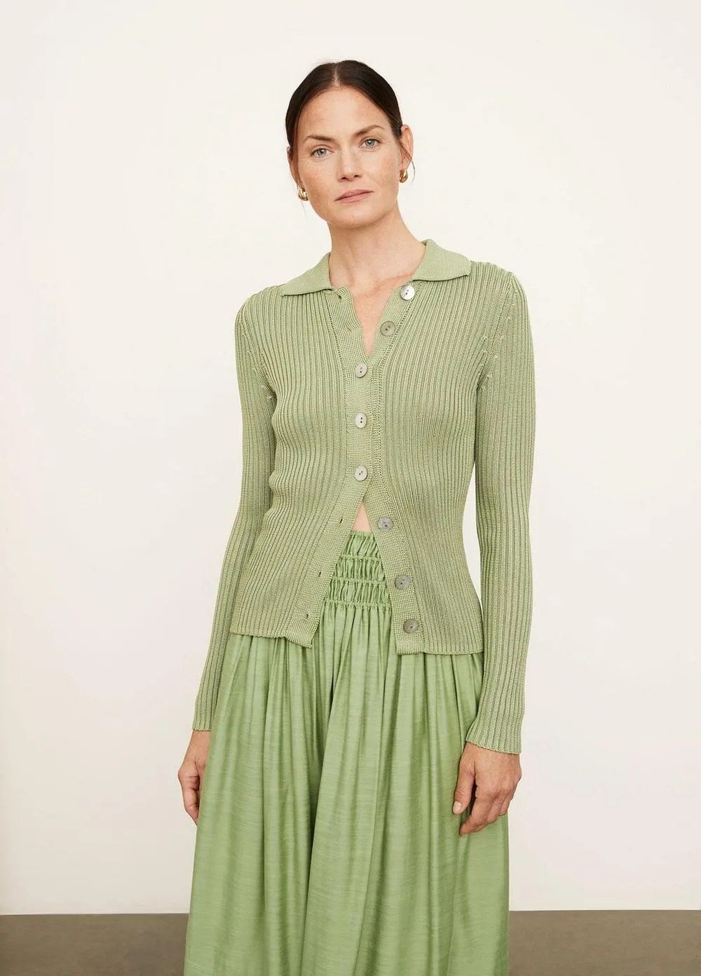 Vince - Ribbed Collared Cardigan in Pistachio