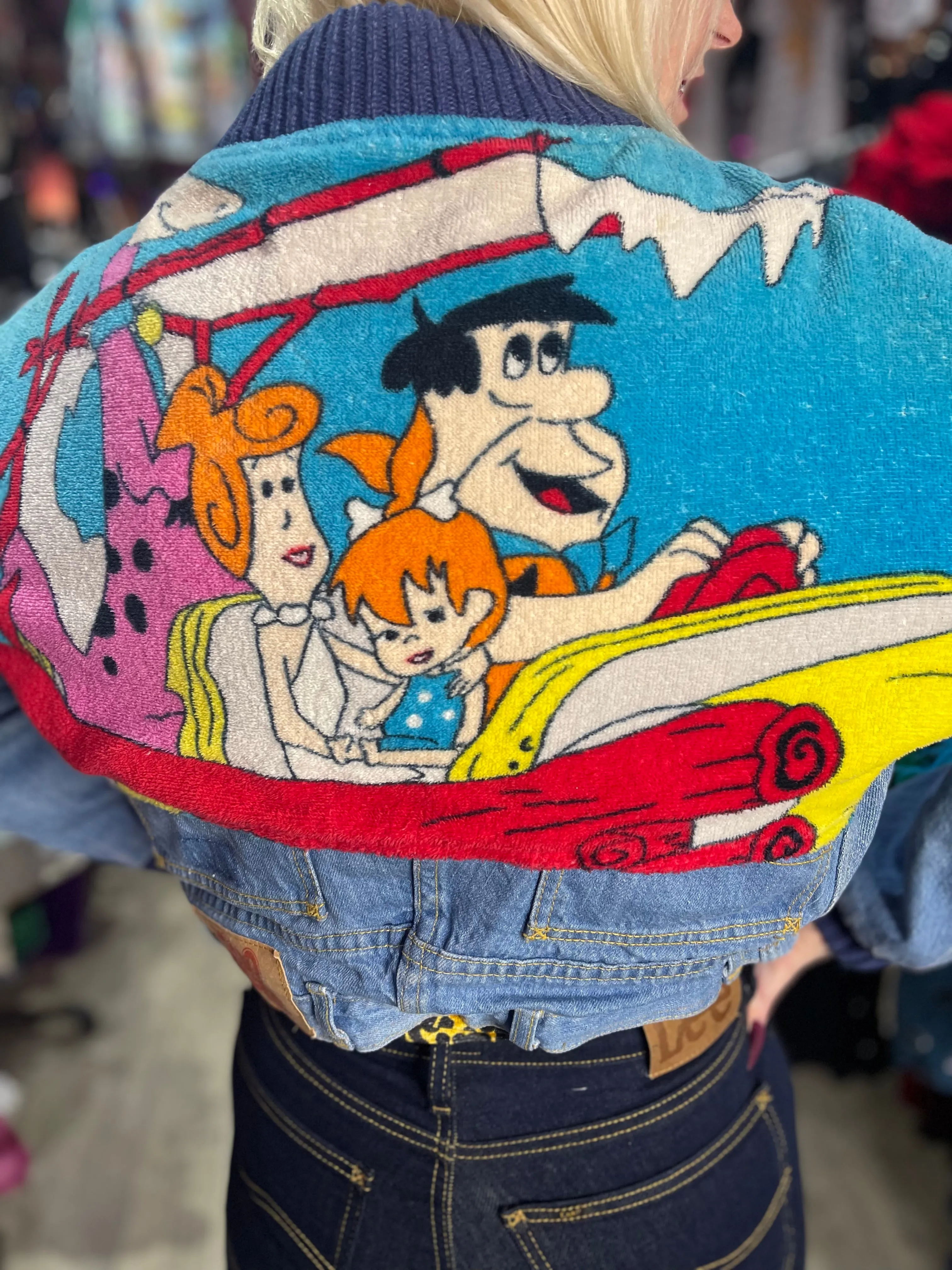 Vintage 80’s Cropped Patchwork Flintstones Jean Jacket