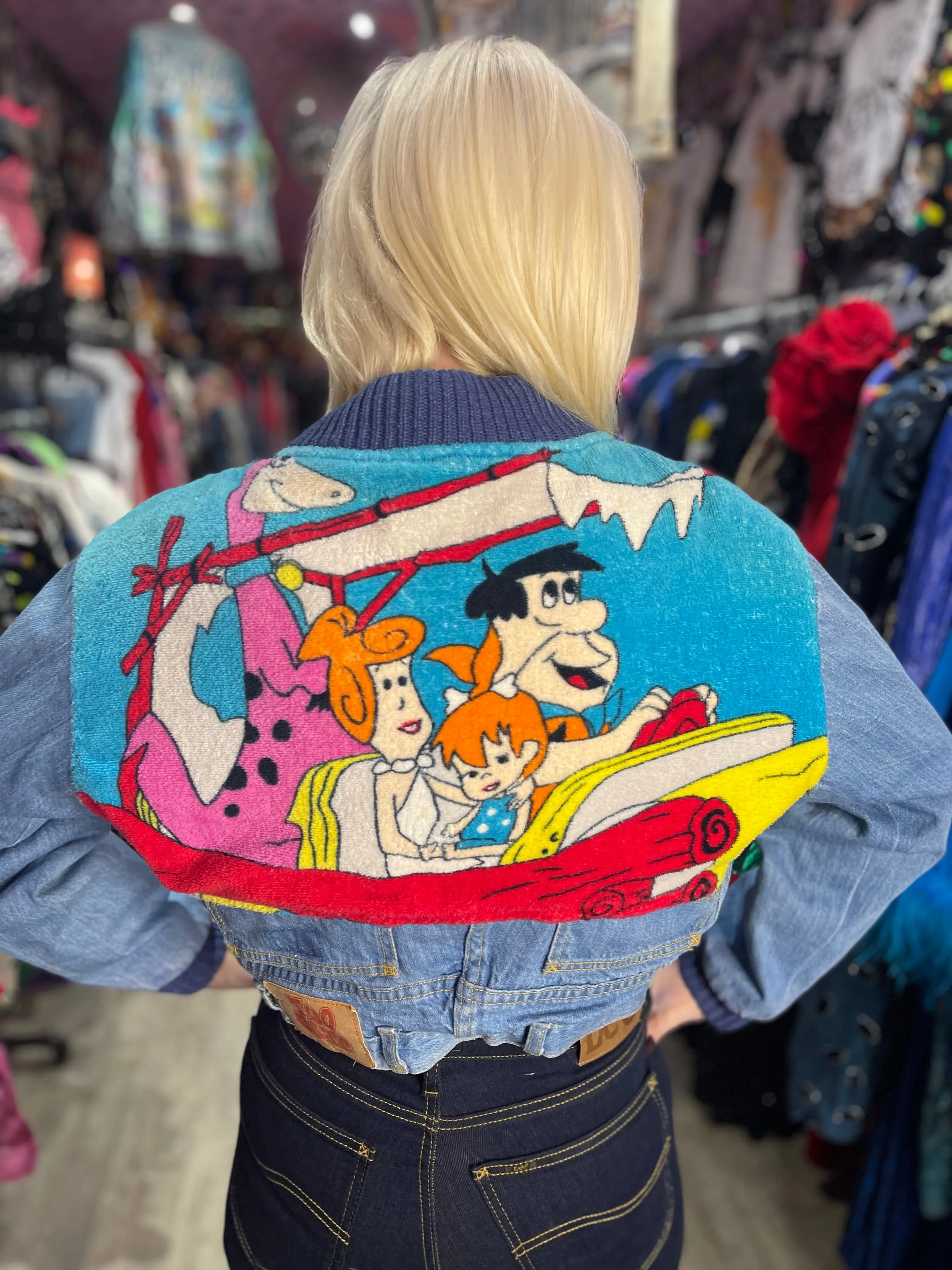 Vintage 80’s Cropped Patchwork Flintstones Jean Jacket