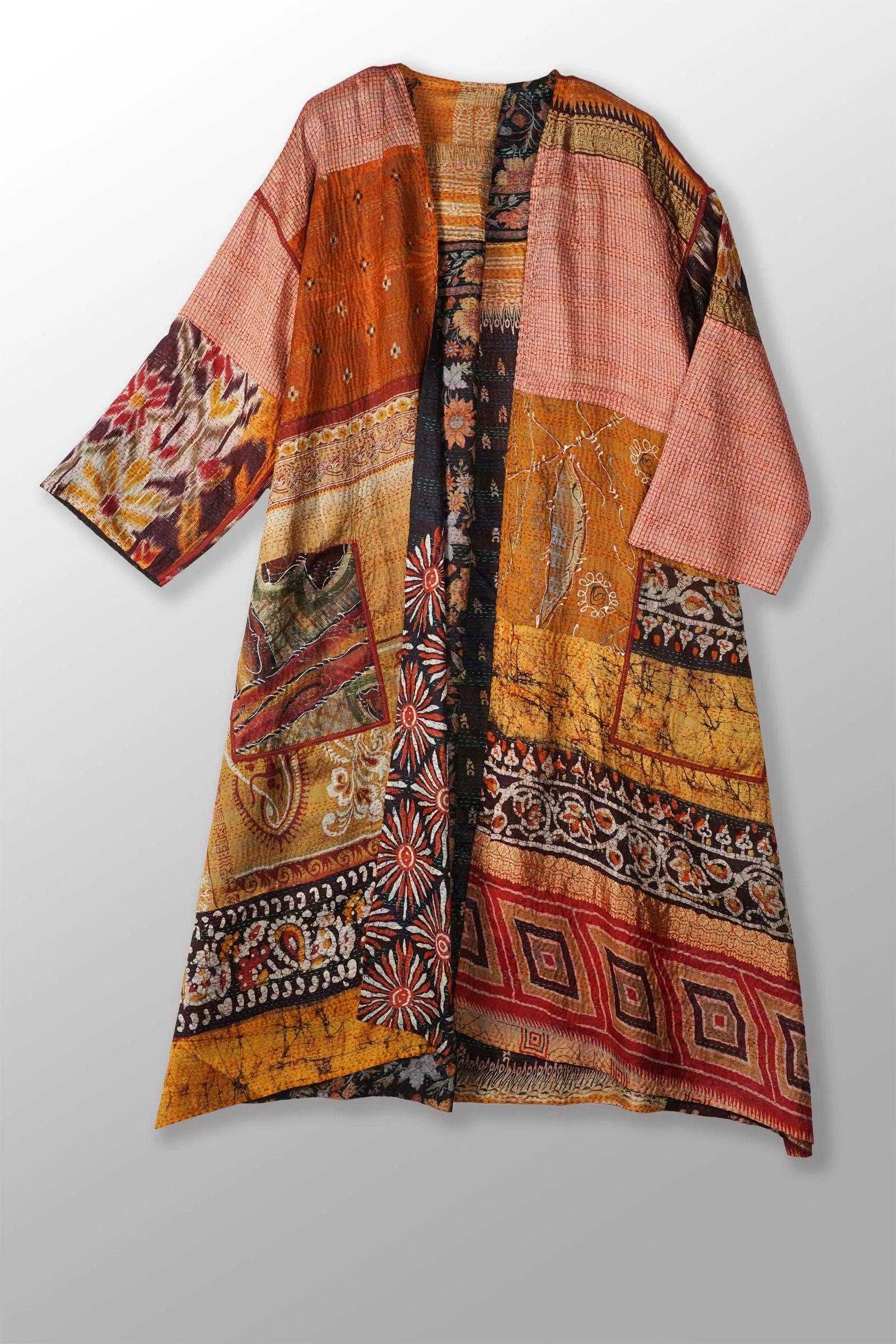 VINTAGE SILK KANTHA LONG DUSTER - sv2328-0004a -