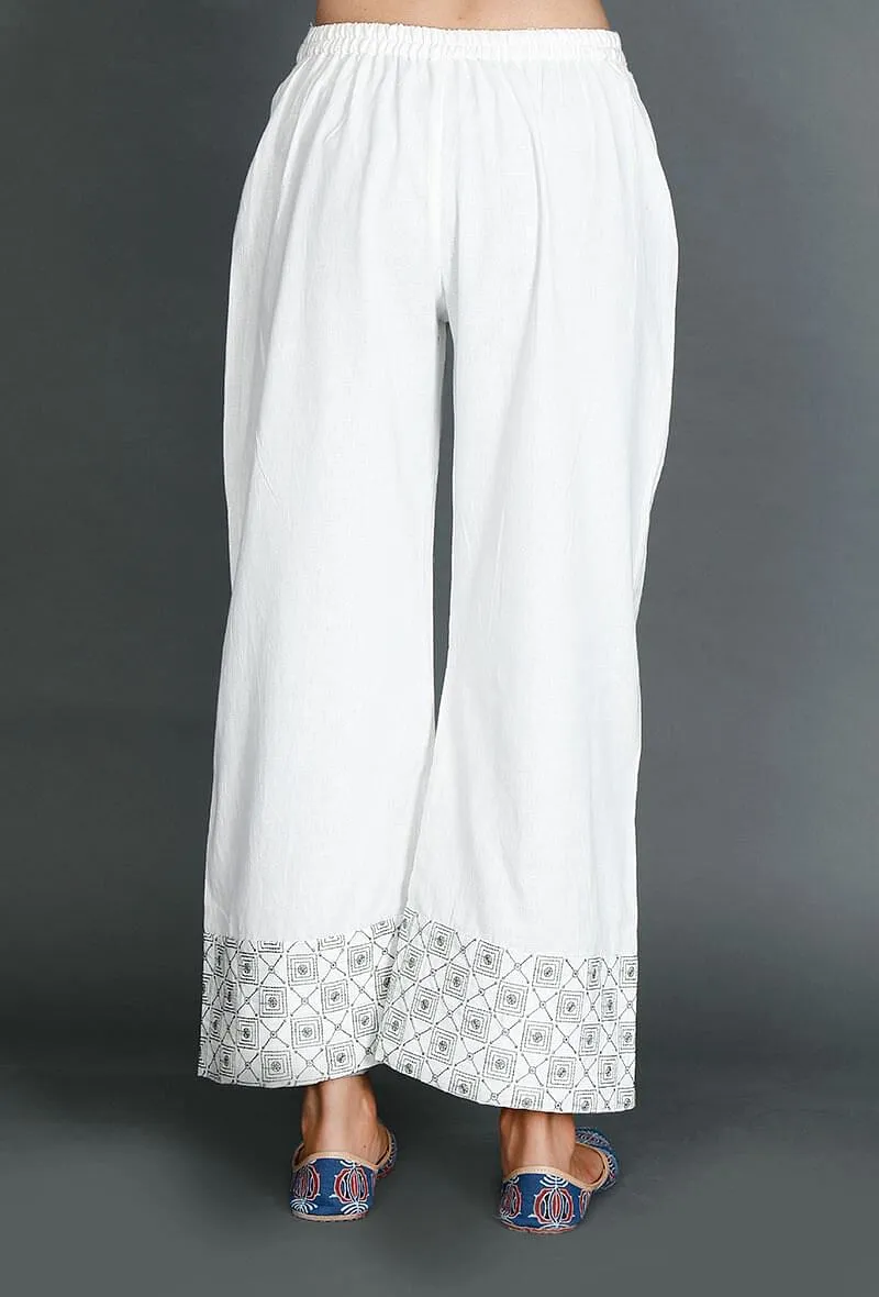 White Palazzos With Kantha Border