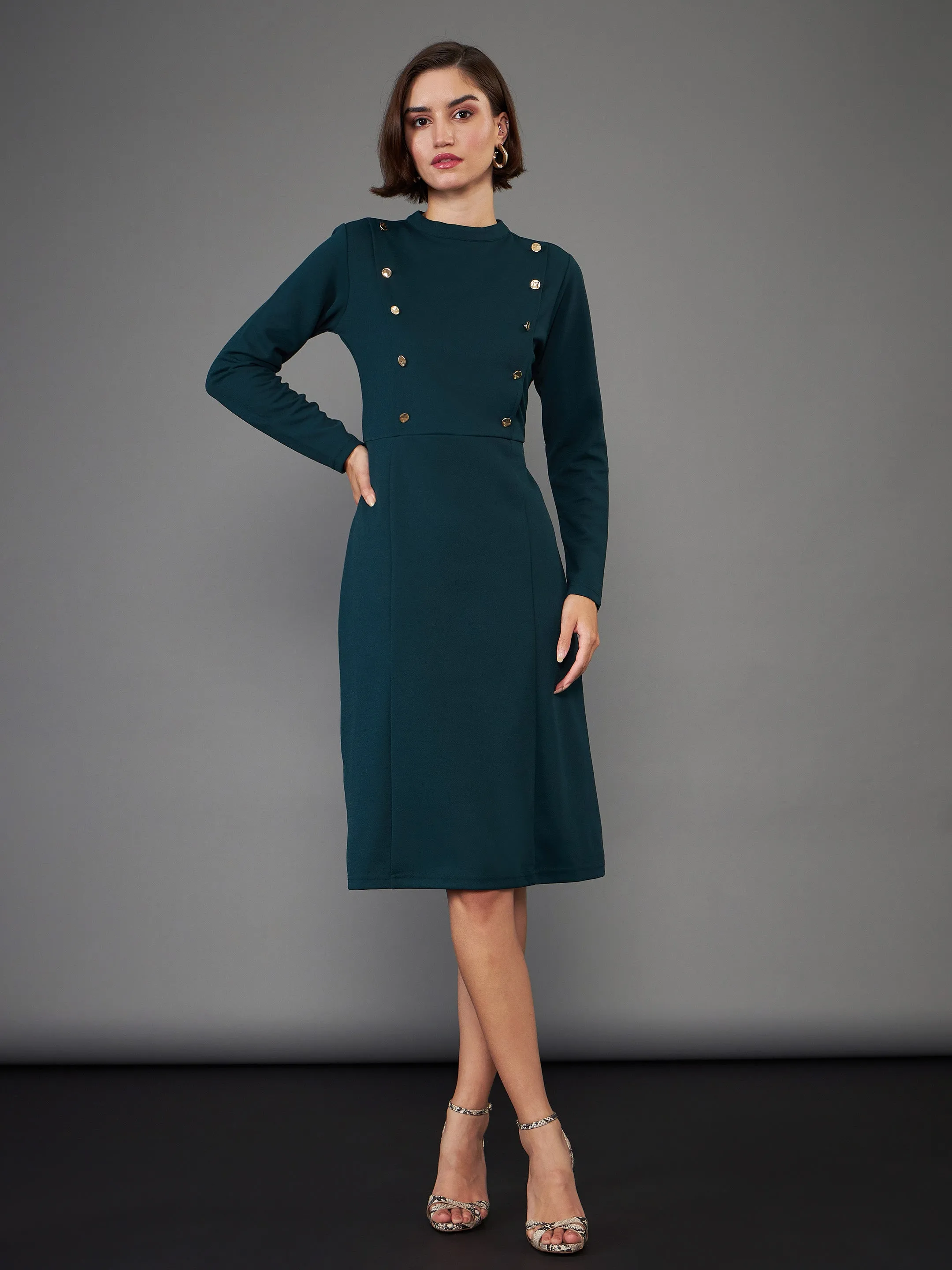 Women Green Button Yoke Belted Midi Dress