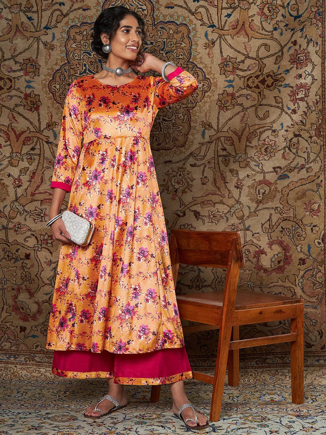 Women Orange Floral Velvet Kurta With Palazzo Pants