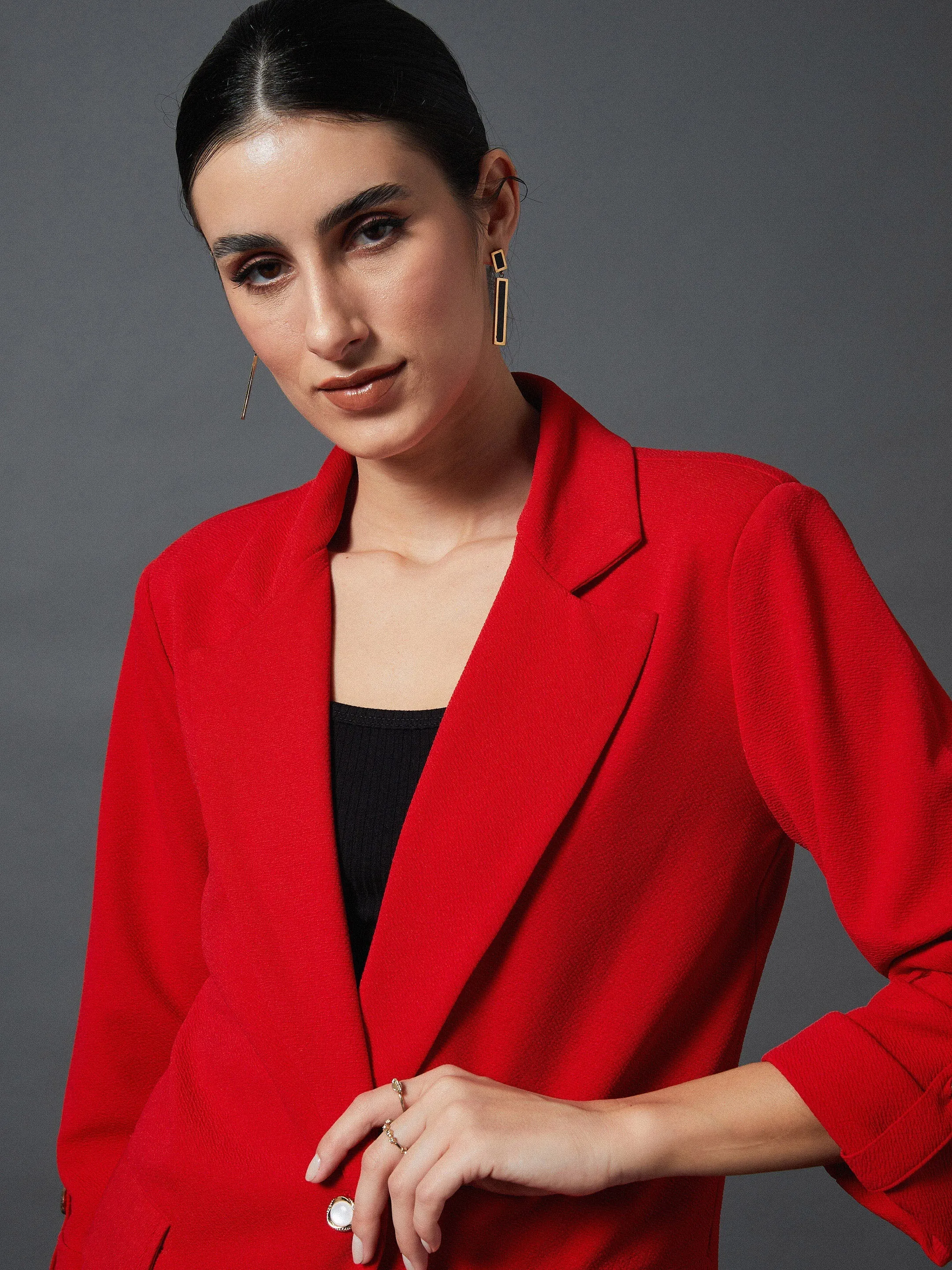 Women Red Front Button Blazer