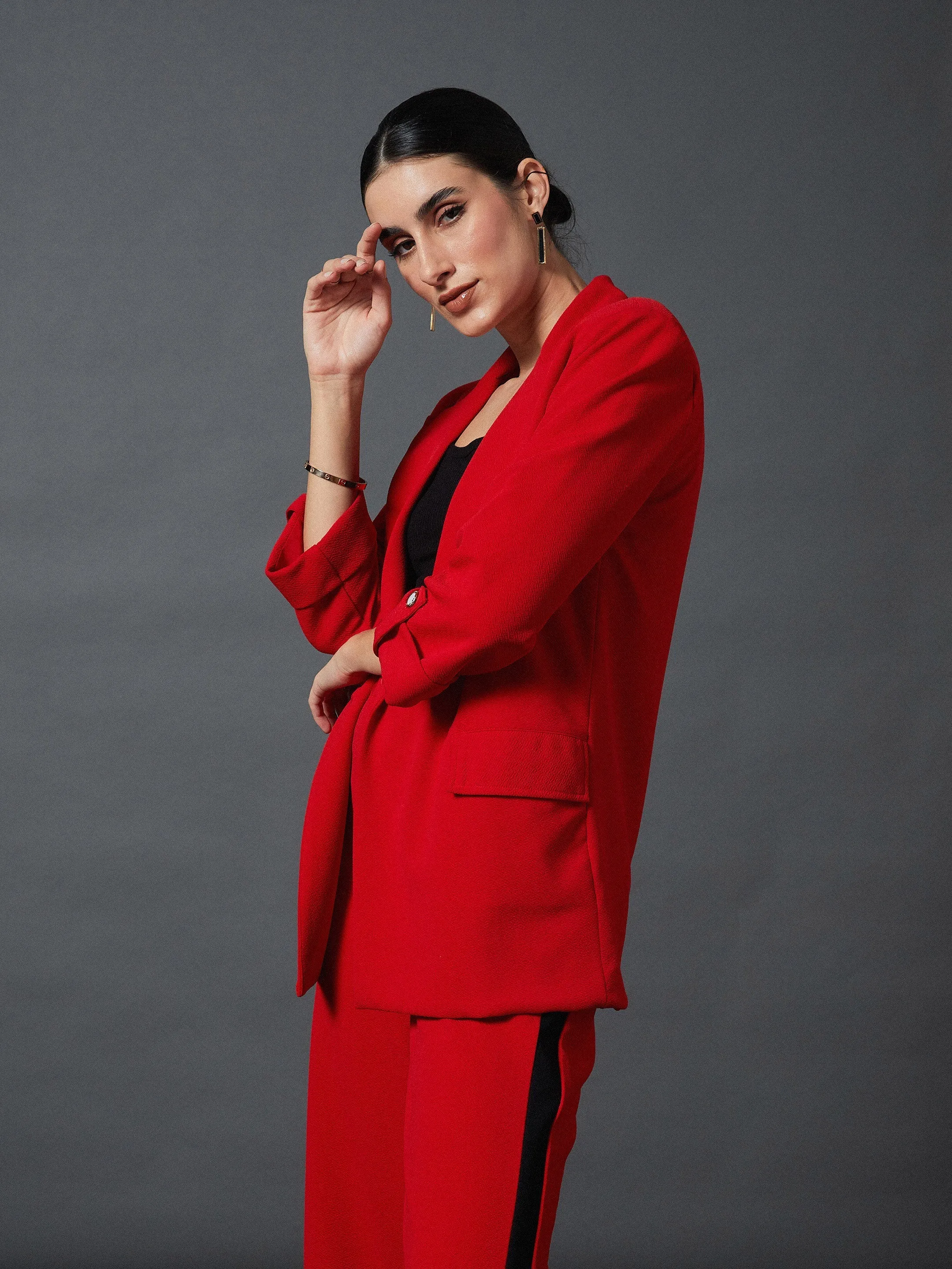 Women Red Front Button Blazer