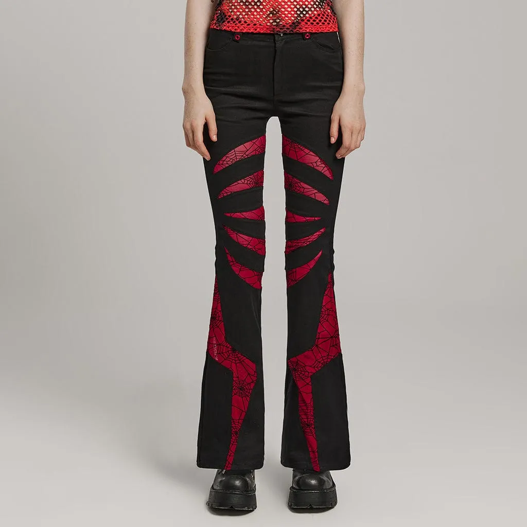 Women's Gothic Symmetrical Mesh Pointed Flared Pants Black-Red