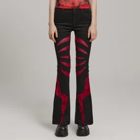 Women's Gothic Symmetrical Mesh Pointed Flared Pants Black-Red