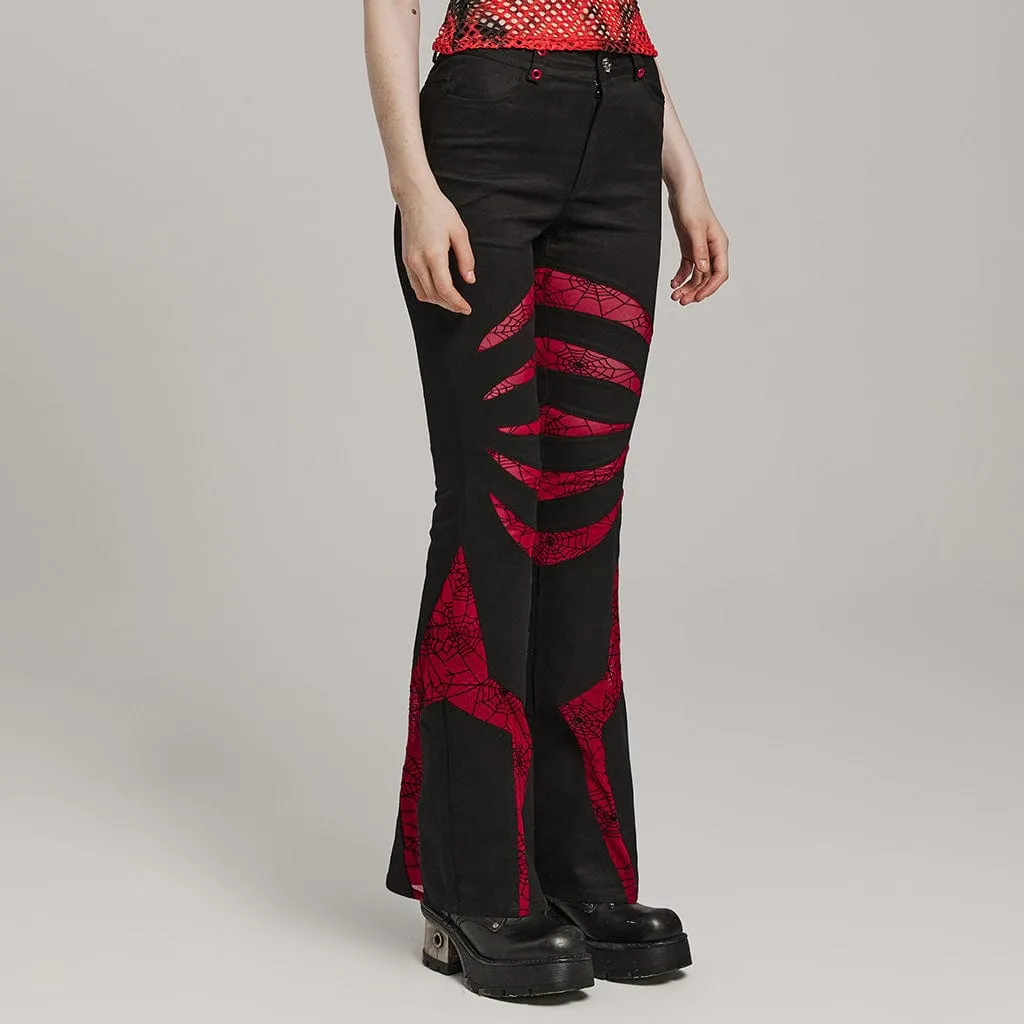 Women's Gothic Symmetrical Mesh Pointed Flared Pants Black-Red