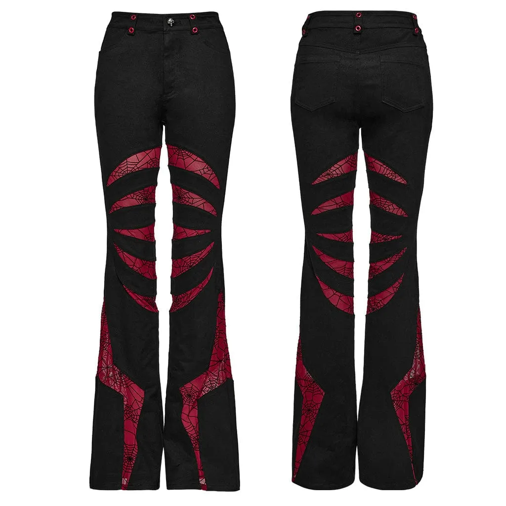 Women's Gothic Symmetrical Mesh Pointed Flared Pants Black-Red