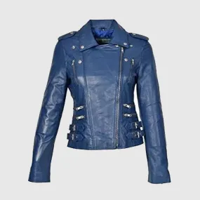 Womens Leather Jackets Motorcycle Bomber Biker Blue Real Leather Jacket Women