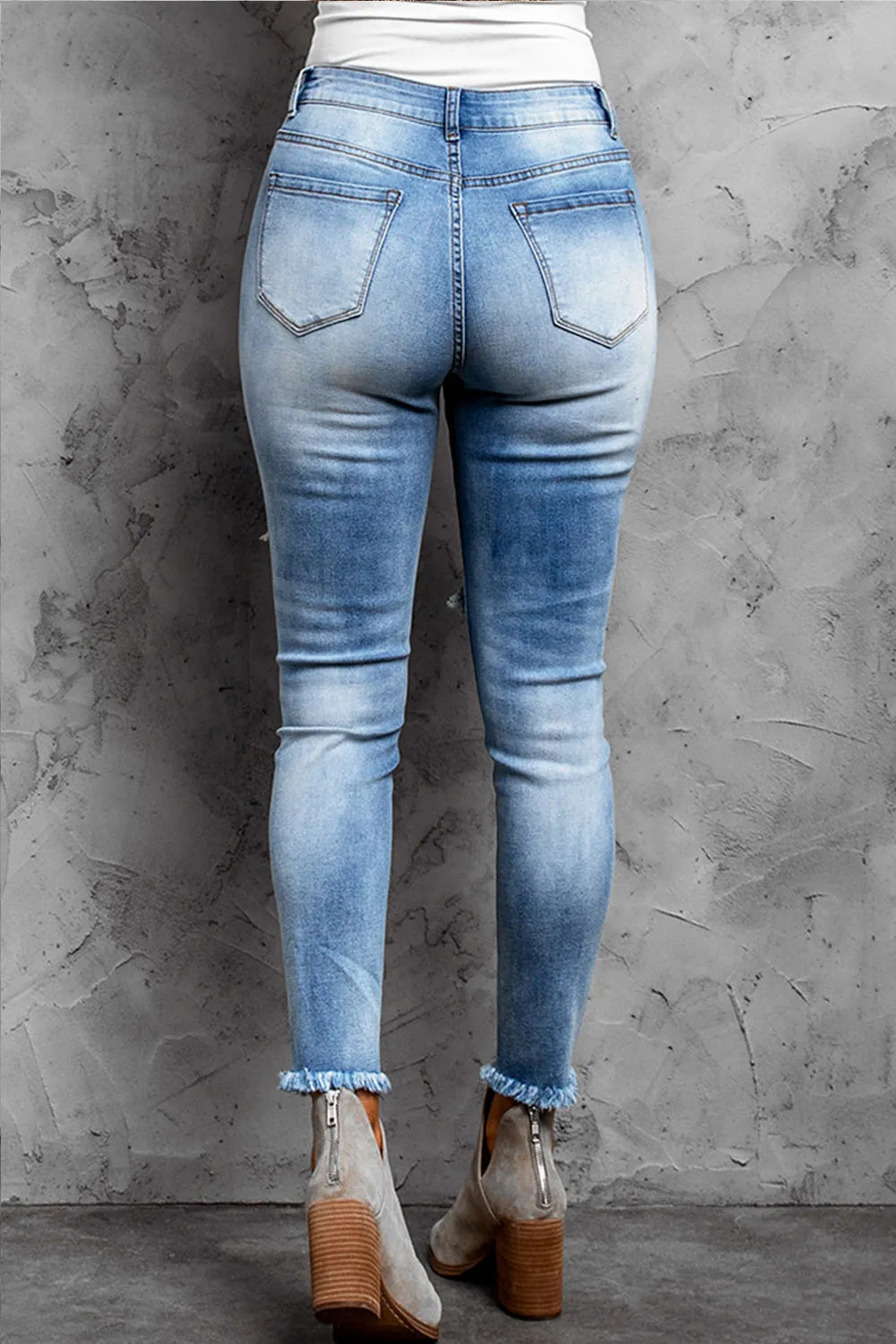 Women's Skinny Jeans Patchwork Destroyed Raw Hem Denim Pants