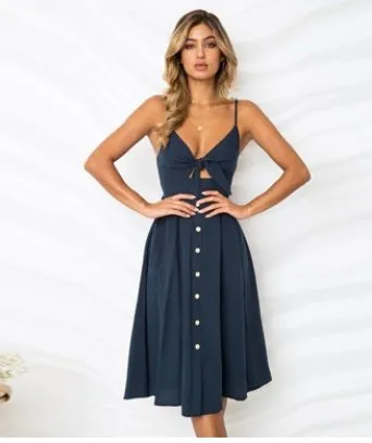 Women's Sleeveless Backless Button-Down Midi Dress