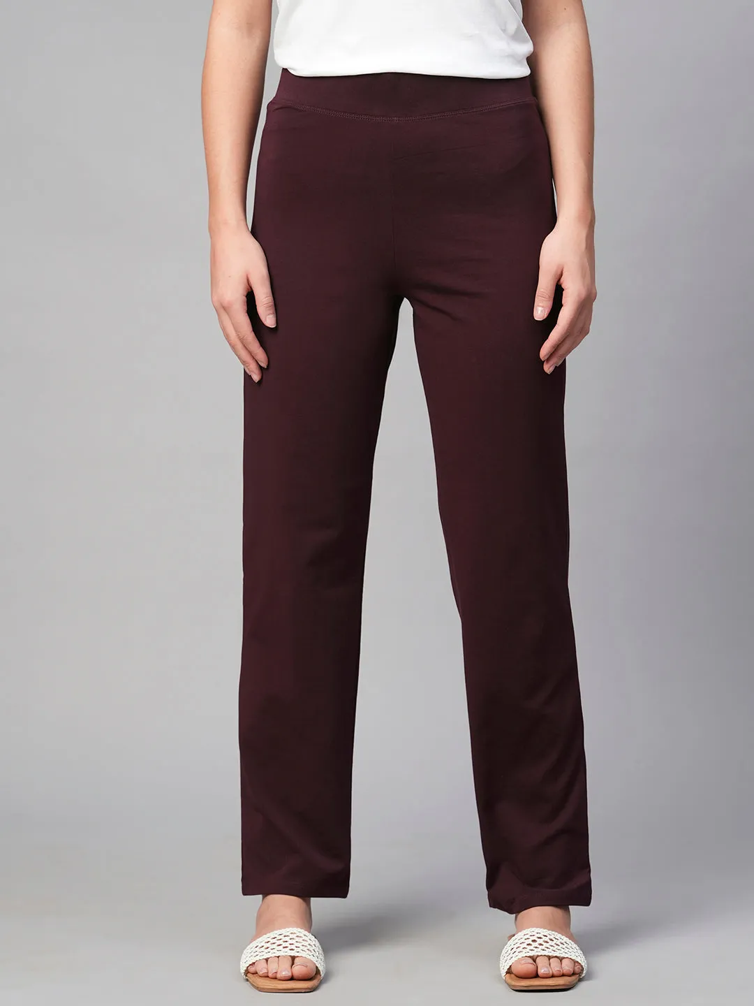 Women's Wine Cotton Elastane Regular Fit Knit Pant