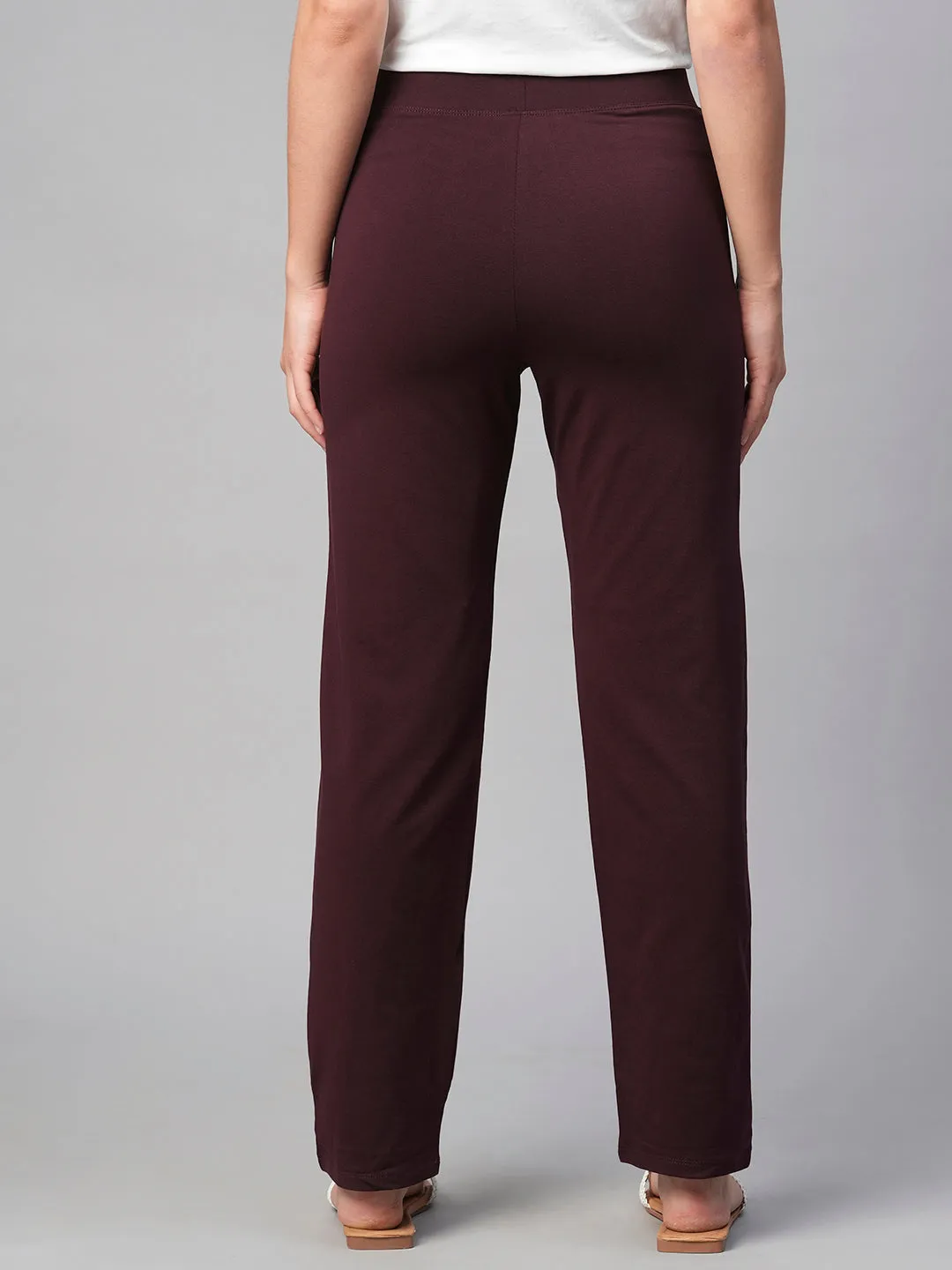 Women's Wine Cotton Elastane Regular Fit Knit Pant