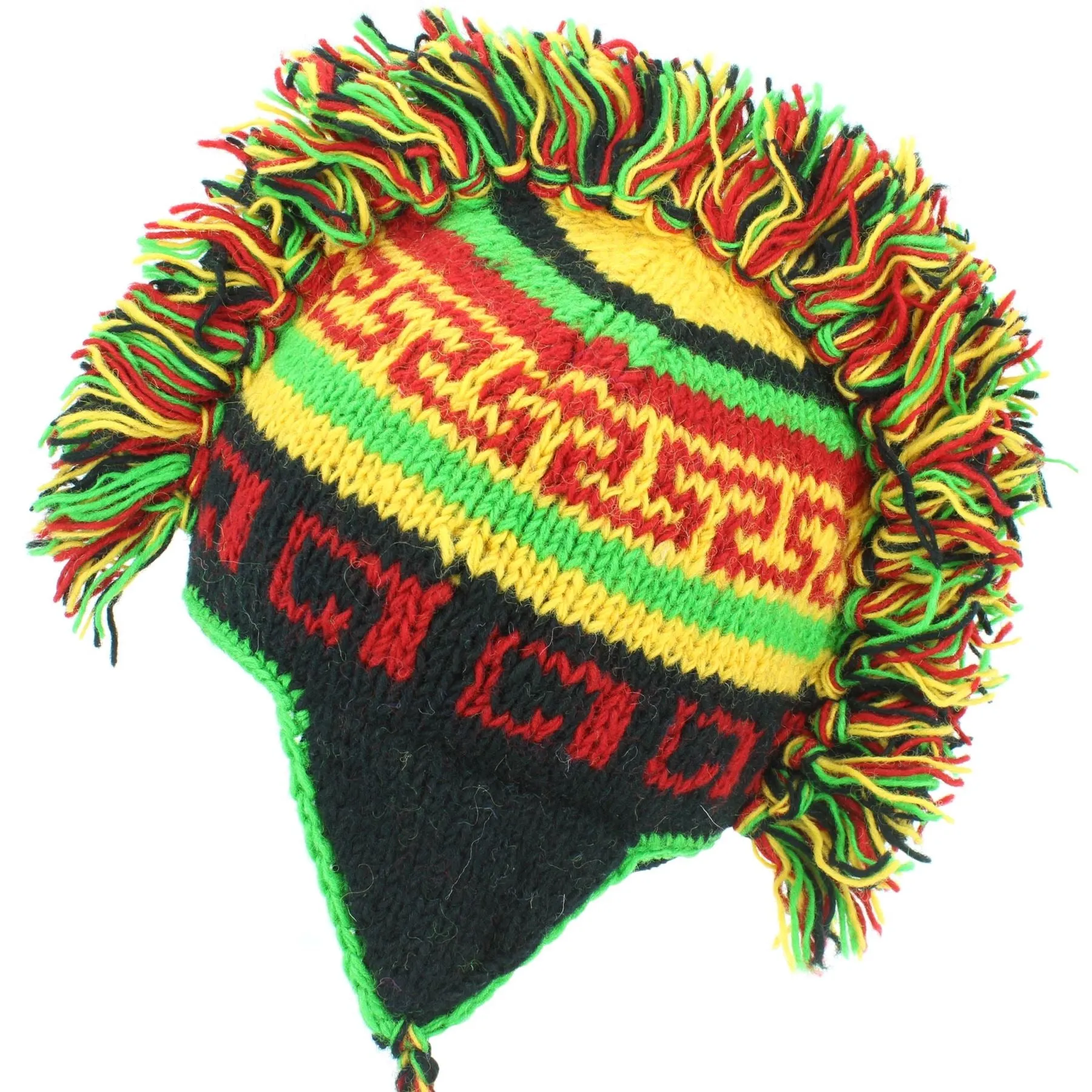 Wool Knit 'Punk' Mohawk Earflap Beanie Hat - Rasta