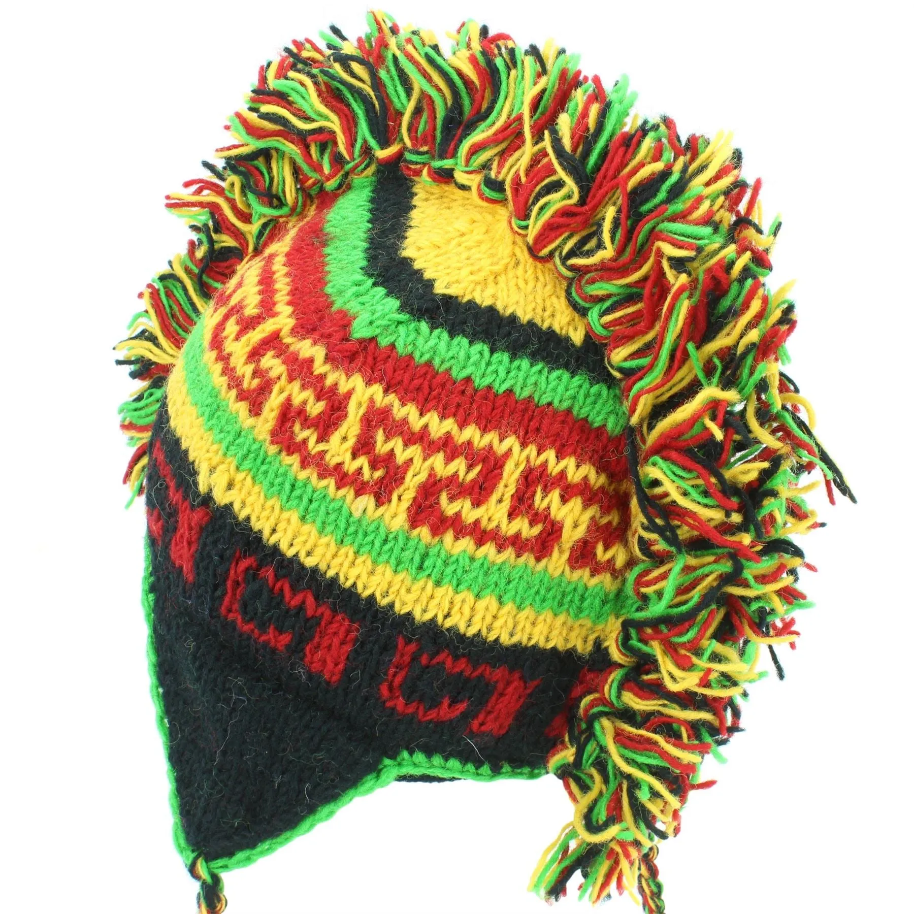 Wool Knit 'Punk' Mohawk Earflap Beanie Hat - Rasta