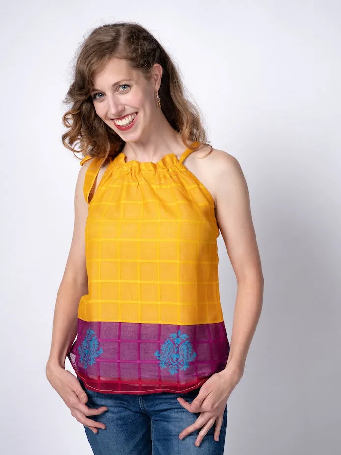 Yellow & Black Geometric Tie-Neck Halter Top - L, XL