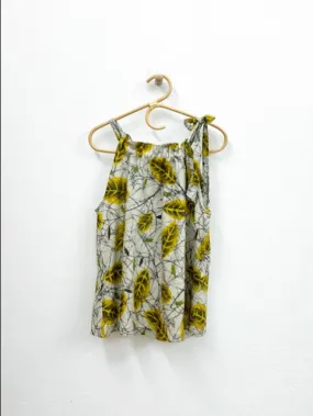 Yellow & Green Leaves Tie Neck Halter Top - S